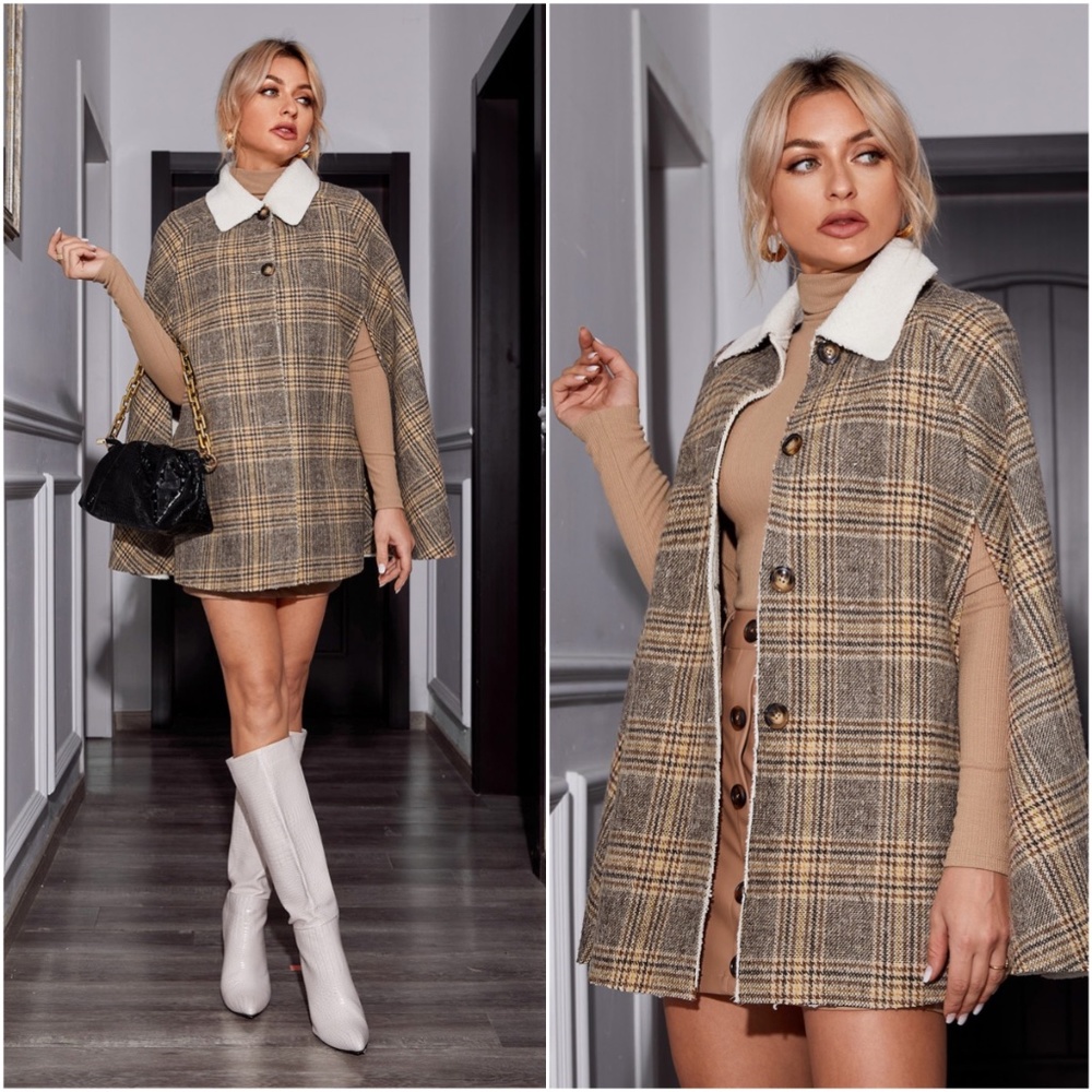 camel plaid shearling tweed cape jacket fall